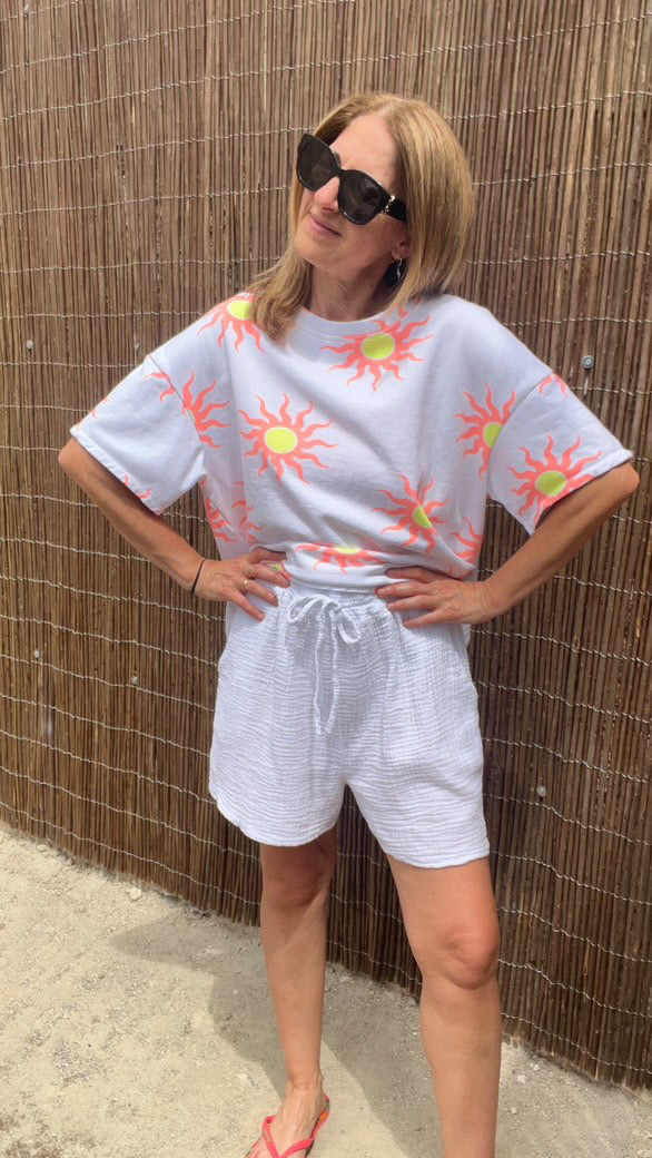 Tee-shirt blanc/orange fluo "Soleil"