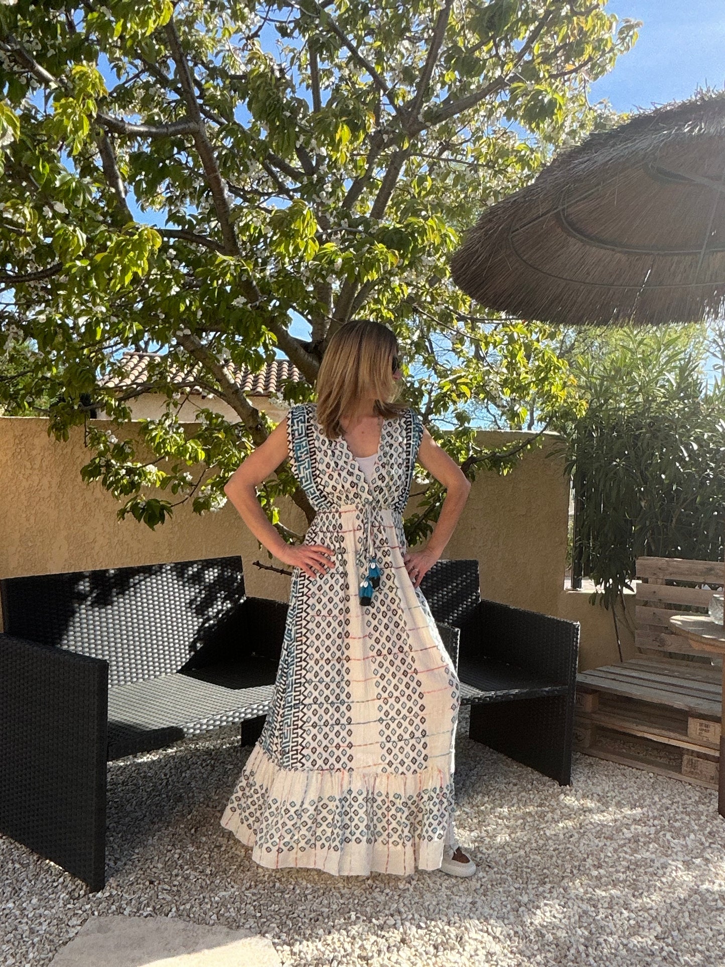 ROBE LONGUE BLEU/BLANC BOHEME