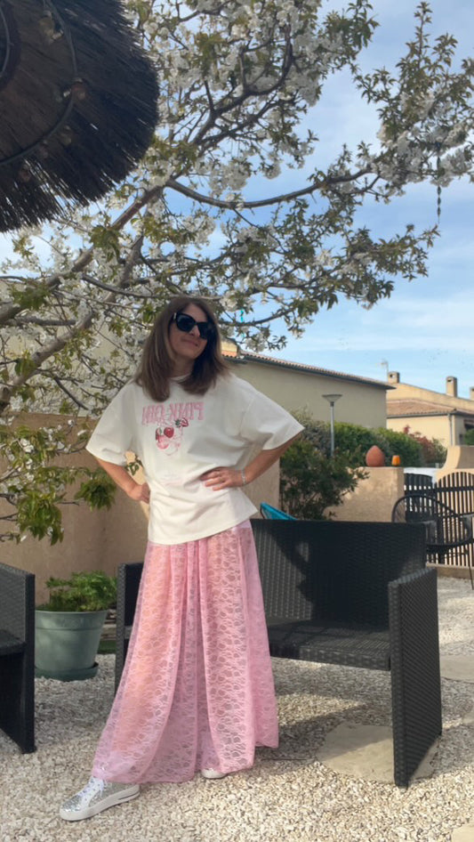 Jupe longue en dentelle rose "Paulina"