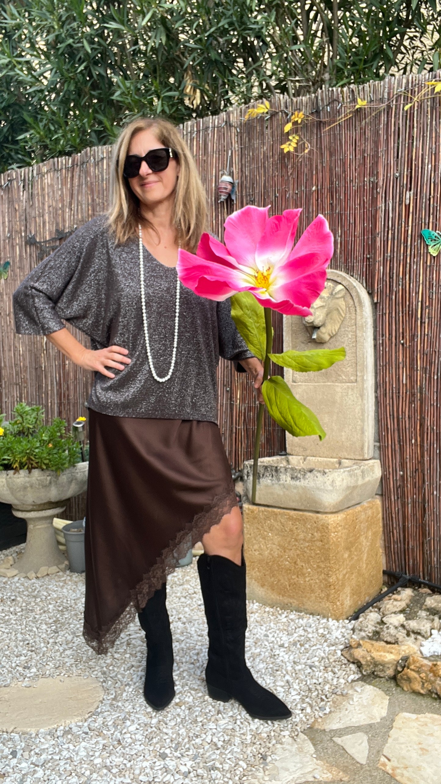 PULL TUNIQUE PAILLETTES CHOCO/ARGENTE