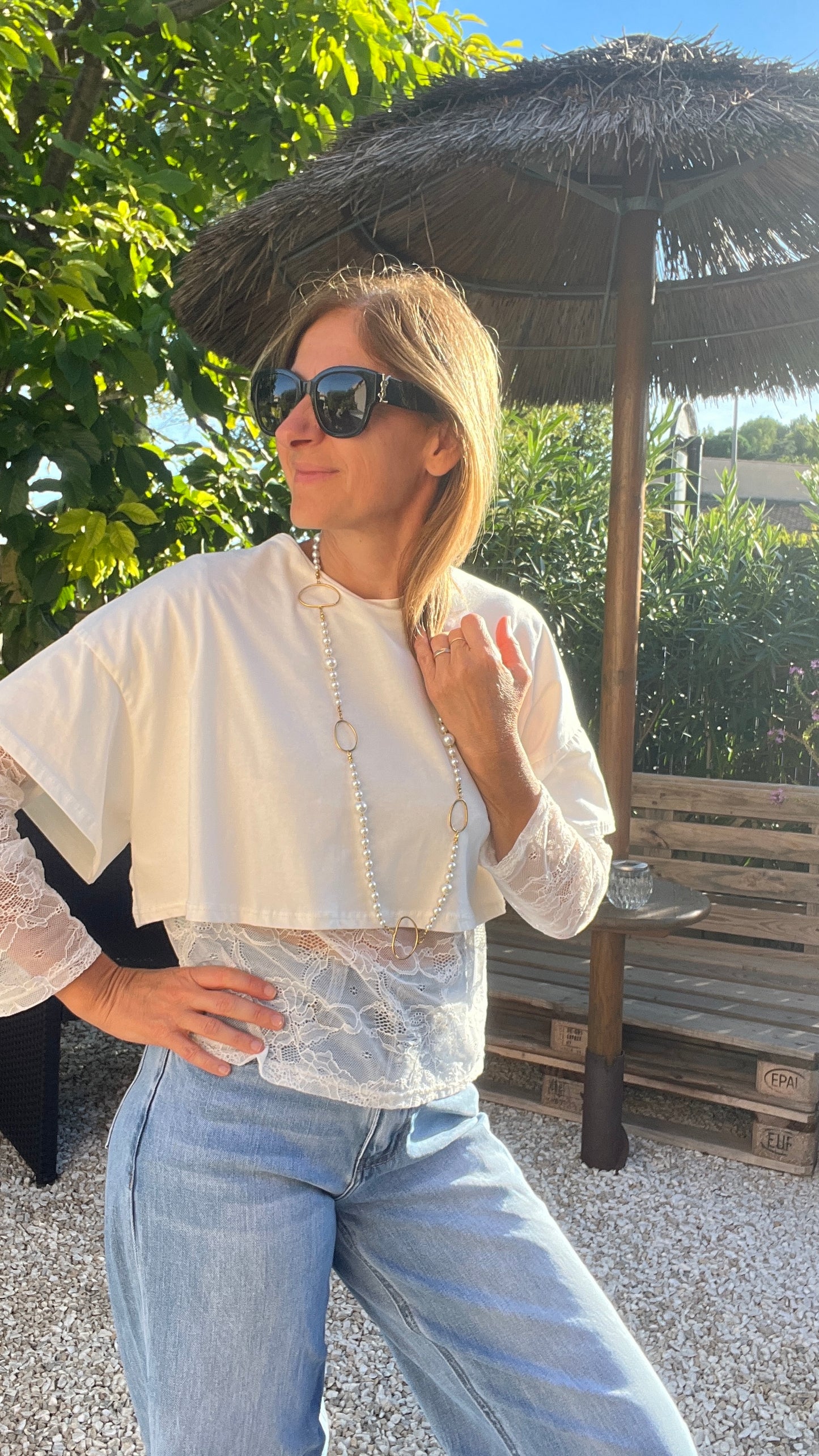 TEE-SHIRT DENTELLE BLANC CASSE "2EN1"