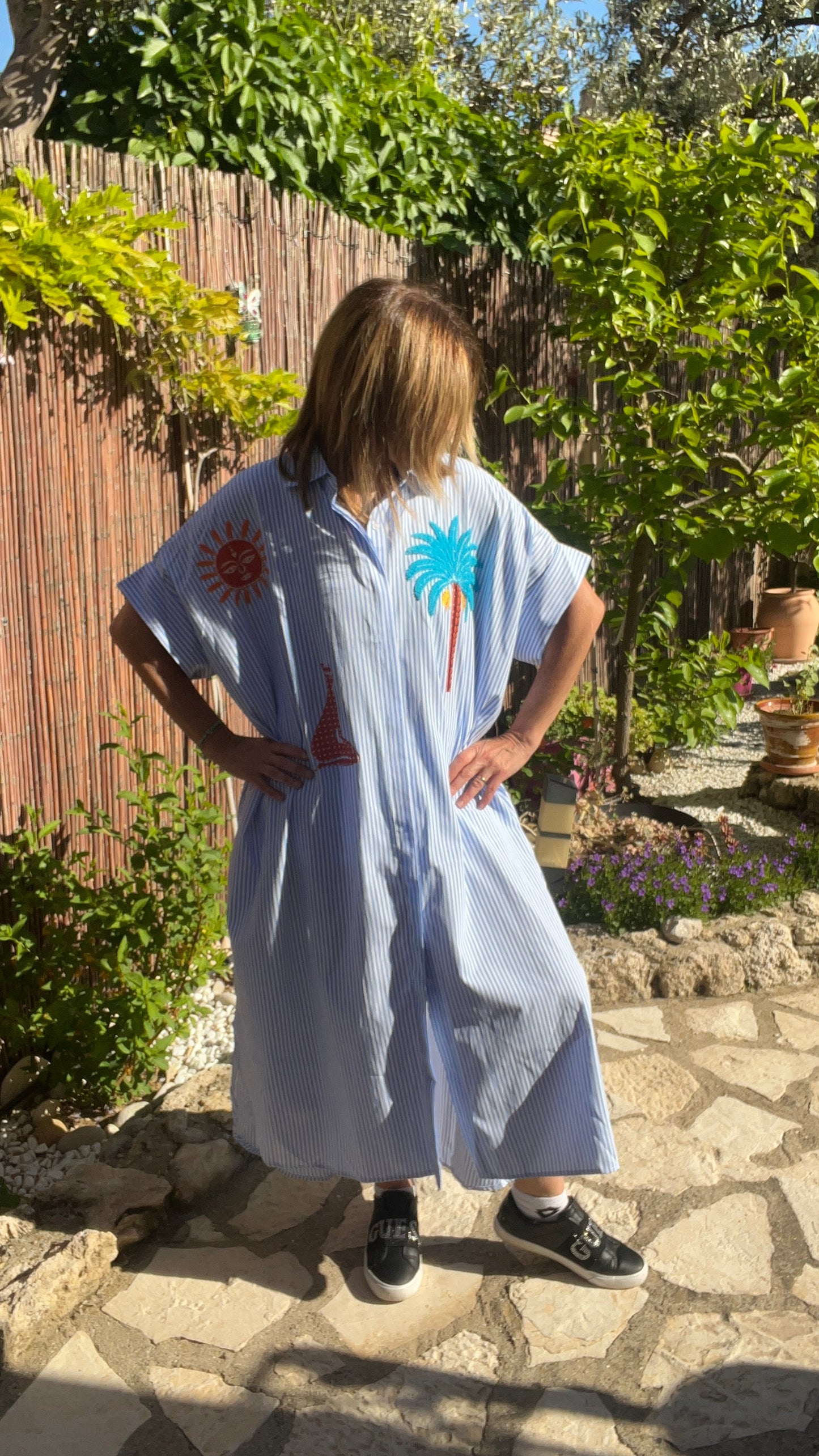 ROBE CHEMISE RAYE BLEU CLAIR/BLANC  "PALMIER"