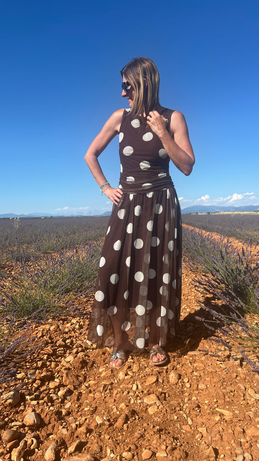 ROBE LONGUE CHOCOLAT A POIS BLANC