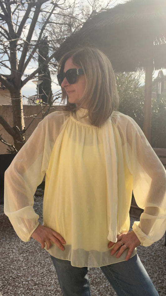 CHEMISIER  JAUNE A POIS BLANC