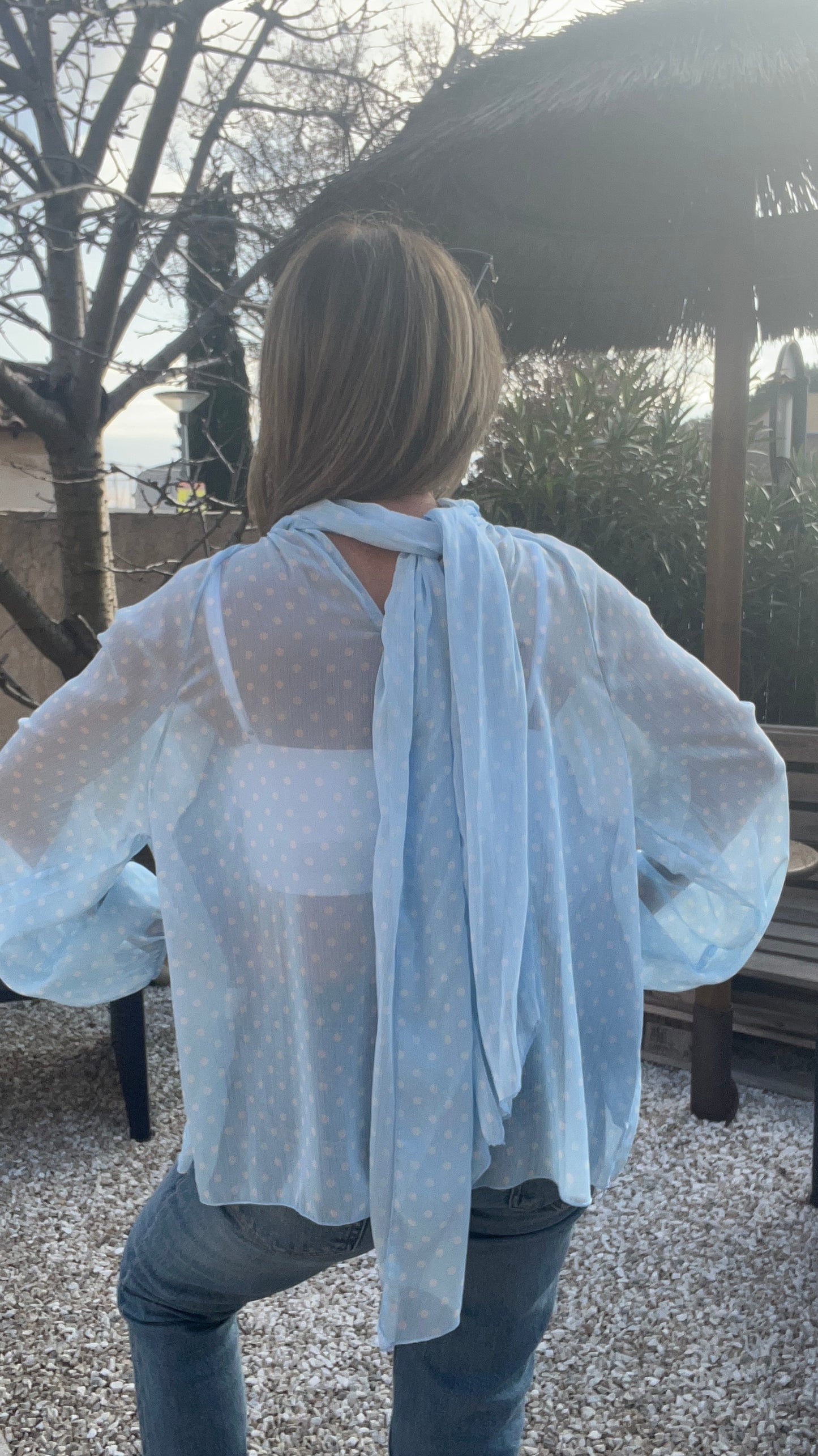 CHEMISIER BLEU A POIS BLANC