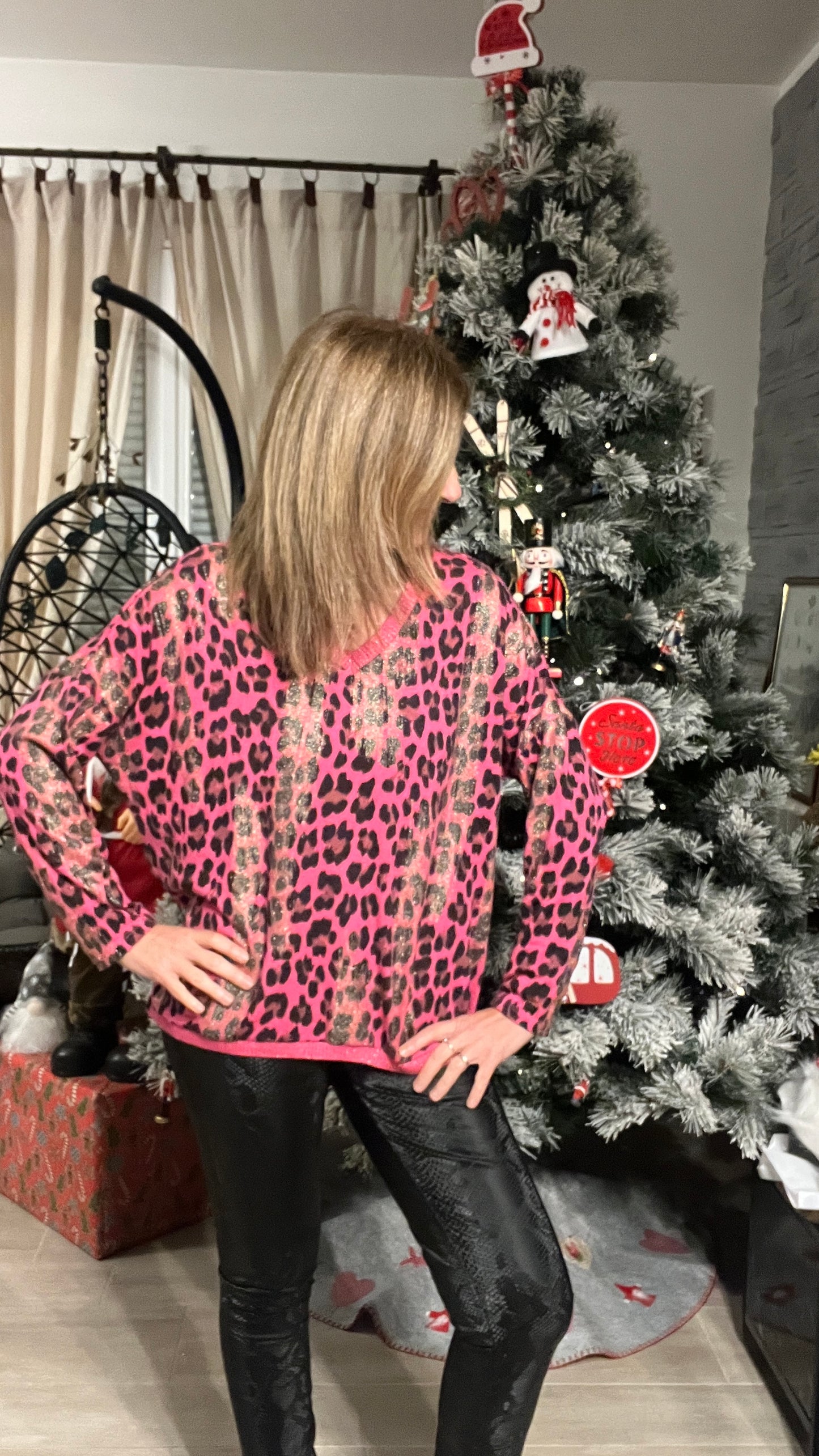 PULL TUNIQUE LEOPARD ROSE FUCHSIA/NOIR/DORE