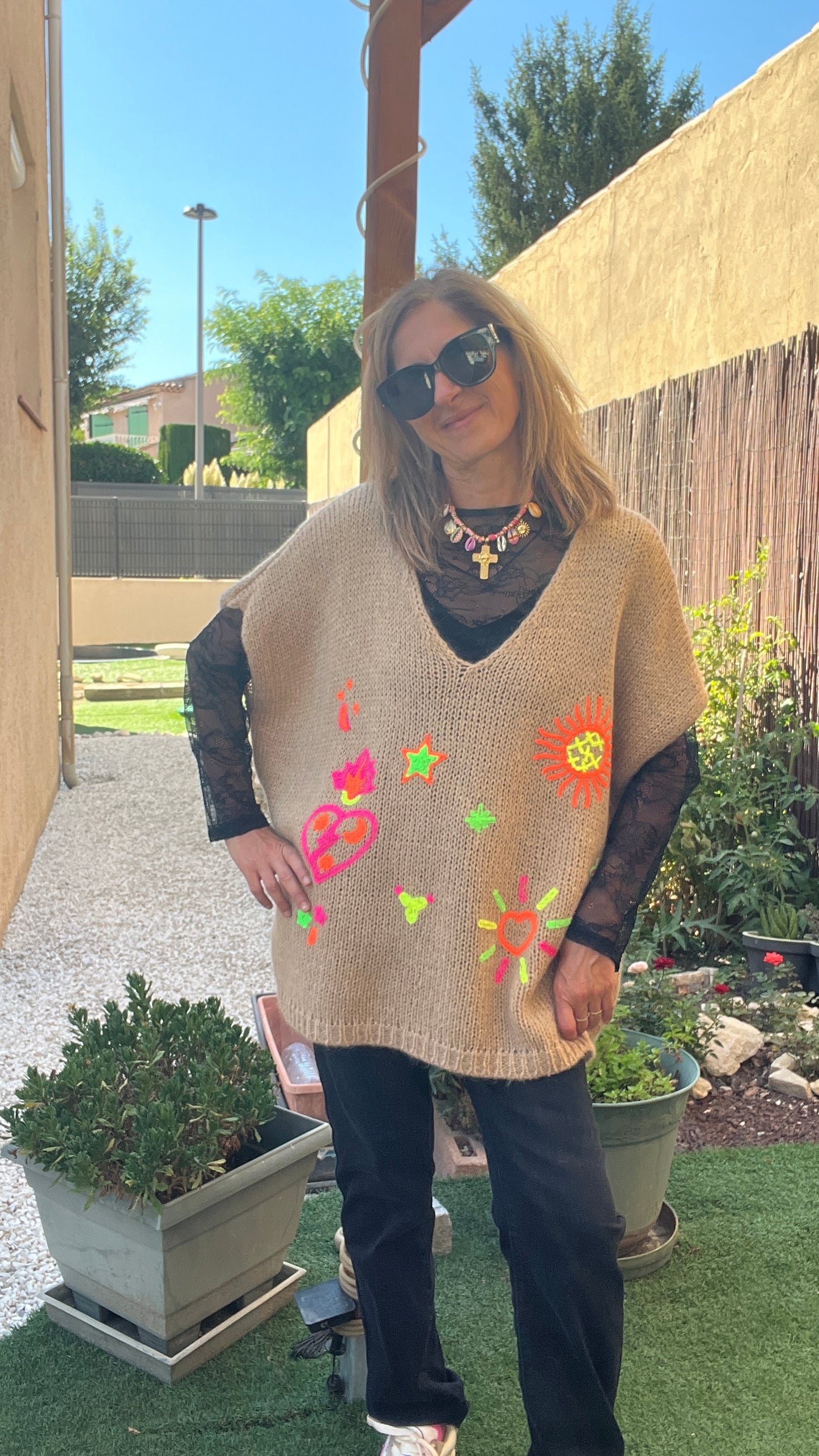 PULL PONCHO BEIGE SANS MANCHES "ETOILE"