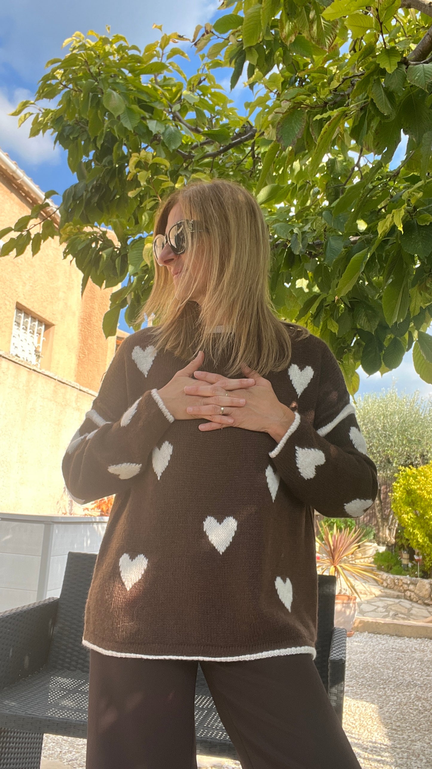 PULL CHOCOLAT/BEIGE COEUR