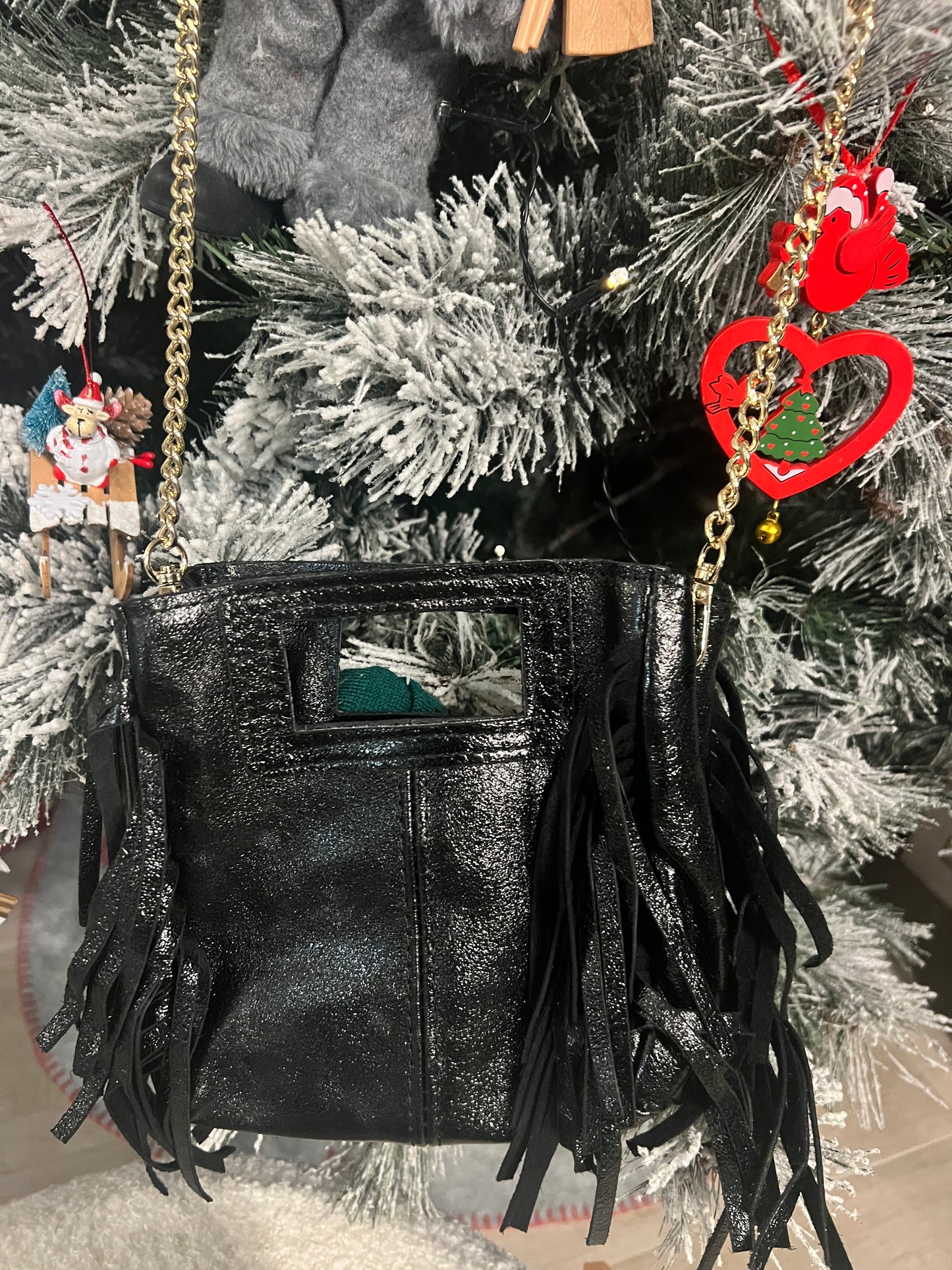 PETIT SAC EN CUIR NOIR A FRANGES