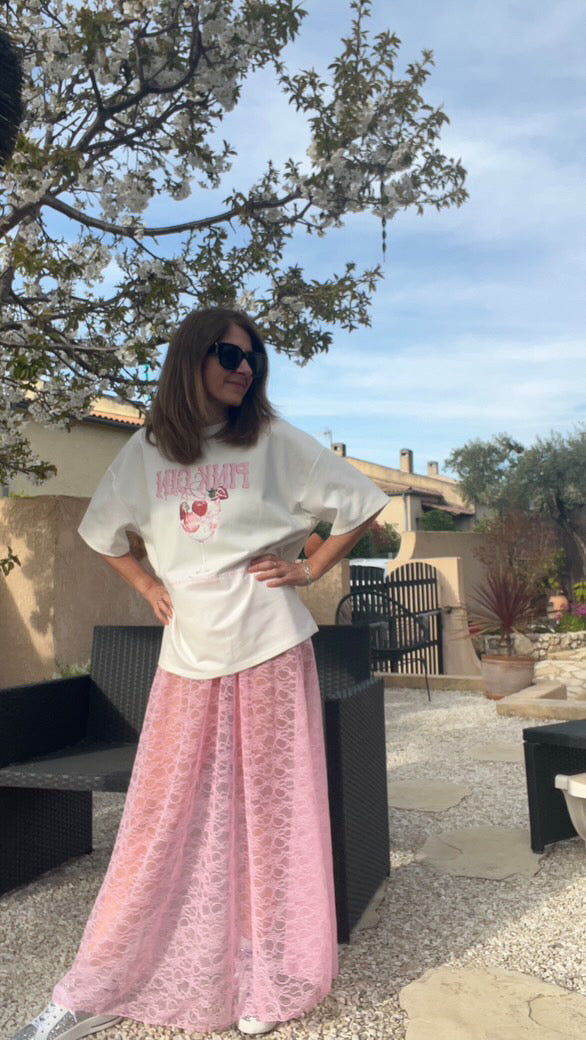 Jupe longue en dentelle rose "Paulina"