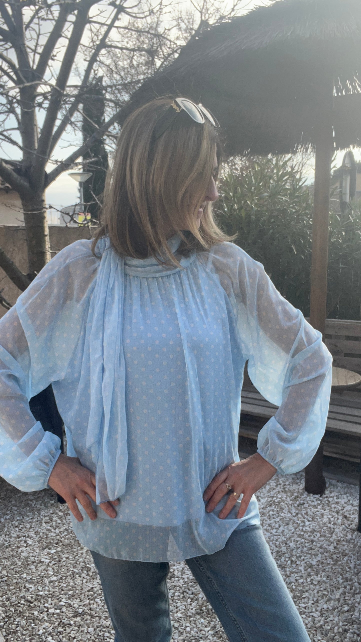 CHEMISIER BLEU A POIS BLANC