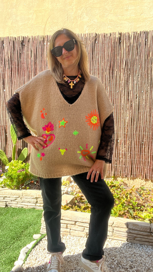 PULL PONCHO BEIGE SANS MANCHES "ETOILE"