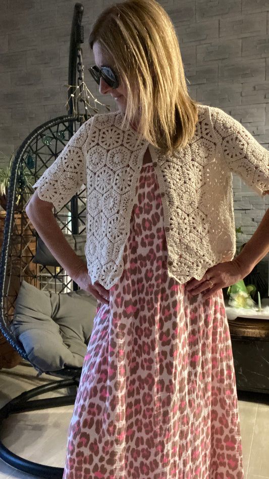 Gilet Crochet beige Manches Courtes "BOHEME"
