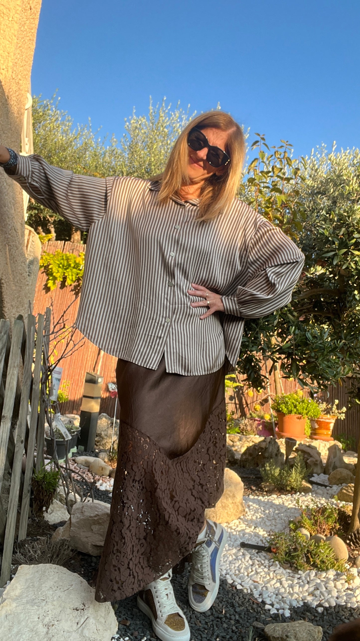 CHEMISIER RAYE CHOCOLAT/BEIGE "SOIE"