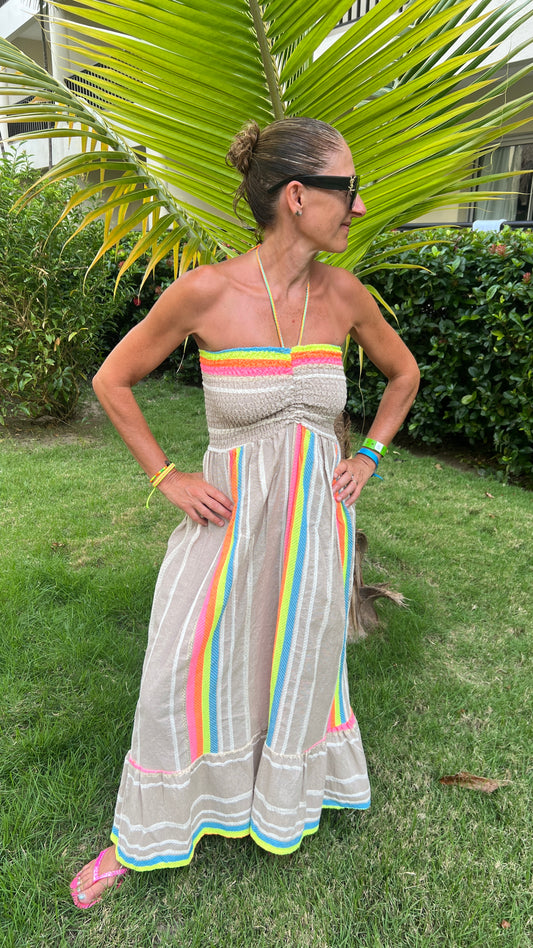Robe bustier beige & fluo