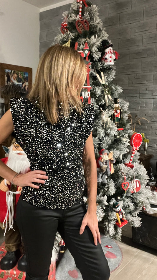 TOP A SEQUINS ARGENTE/NOIR A EPAULETTES