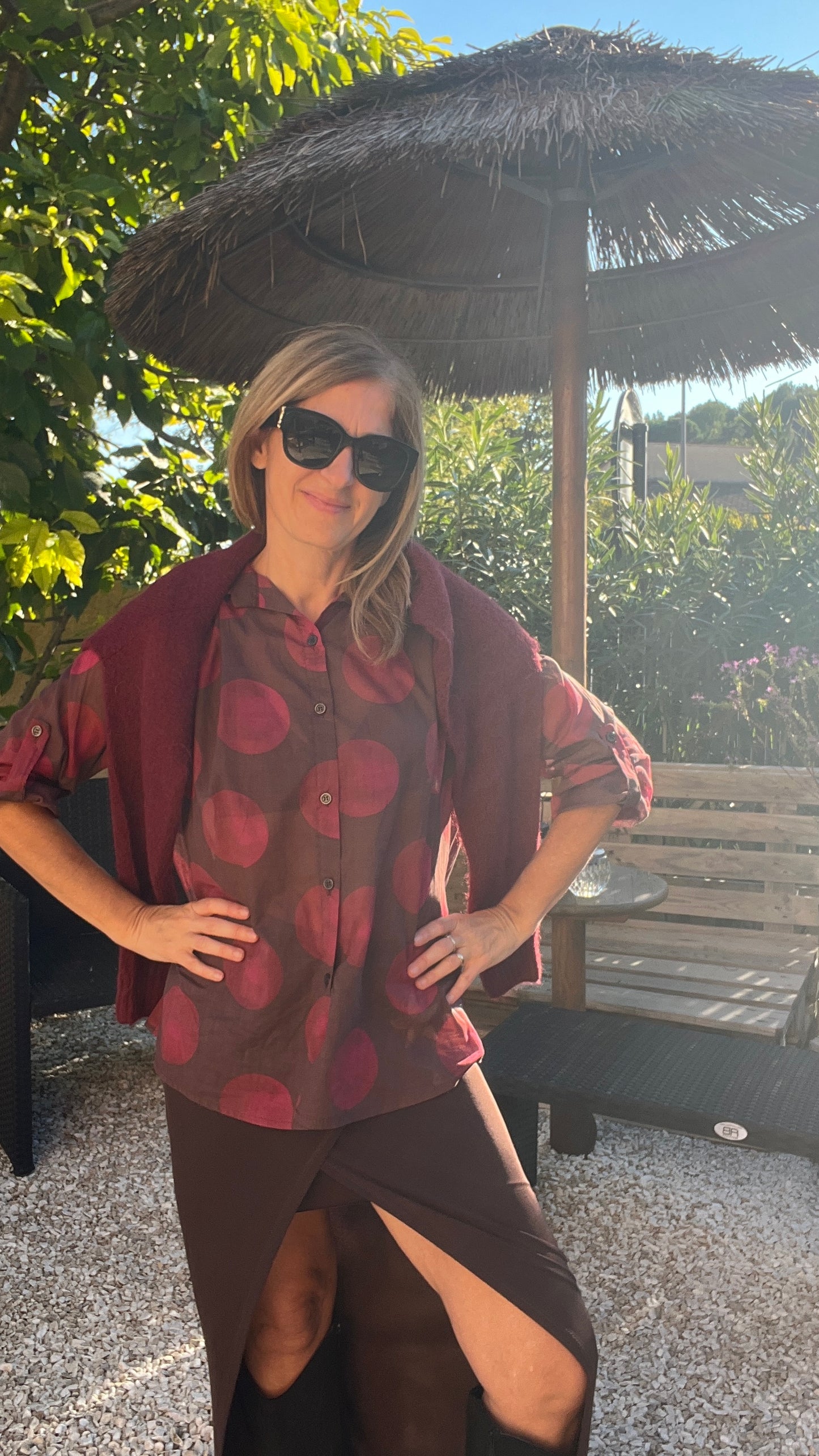 CHEMISIER  CHOCOLAT "A POIS BORDEAUX"