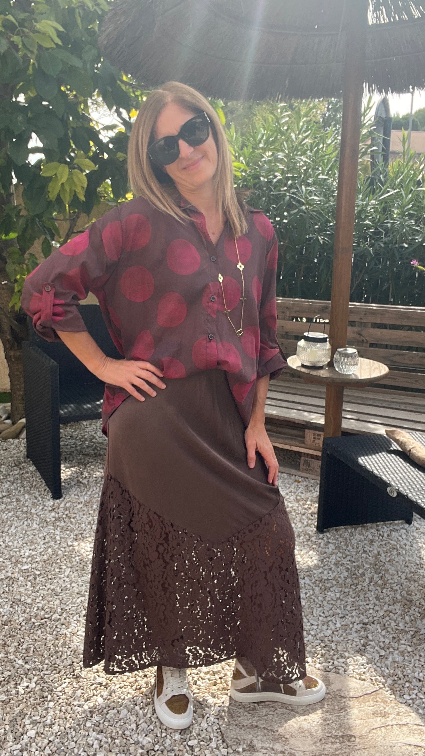 CHEMISIER  CHOCOLAT "A POIS BORDEAUX"