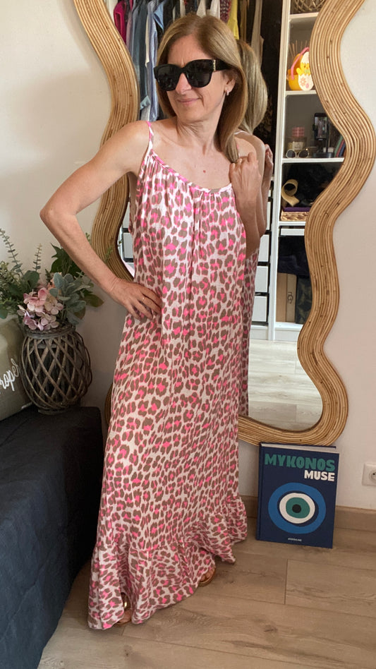 Robe longue rose/kaki fluo léopard "Lilly"