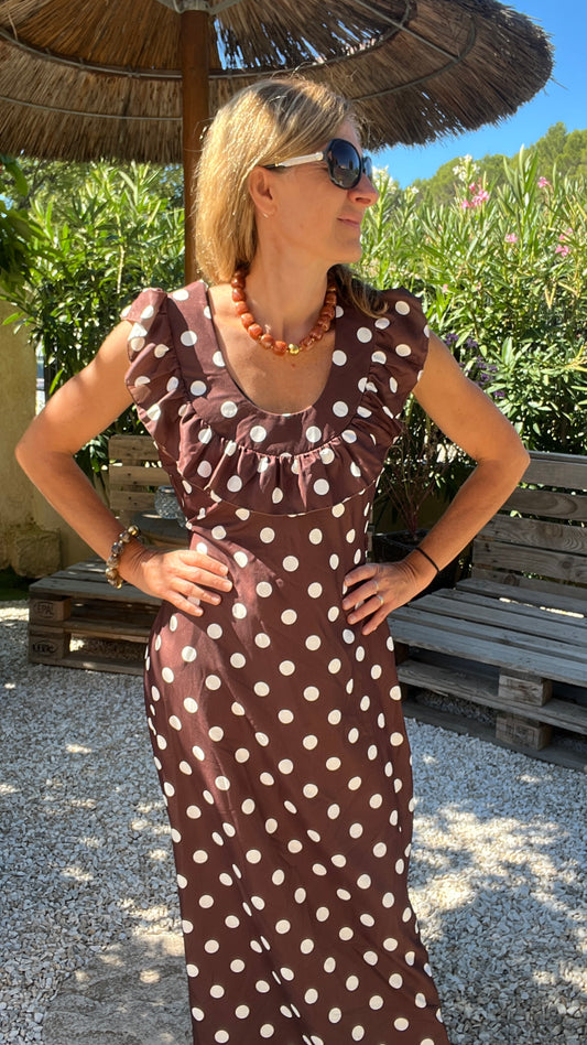 ROBE LONGUE CHOCOLAT A POIS BLANC