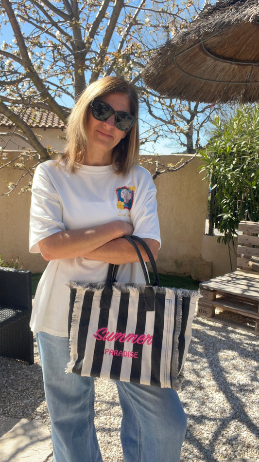 SAC RAYE EN TOILE NOIR/BLANC " SUMMER PARADISE"