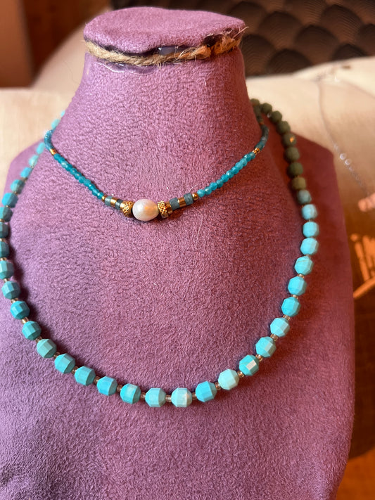 COLLIER PERLES OVALES TURQUOISES