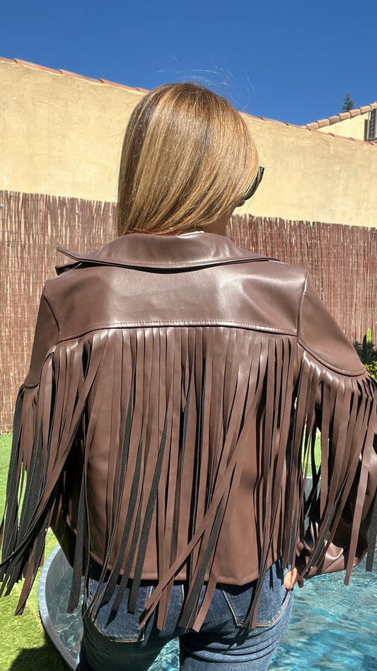 VESTE A FRANGES CHOCOLAT "SIMILICUIR"