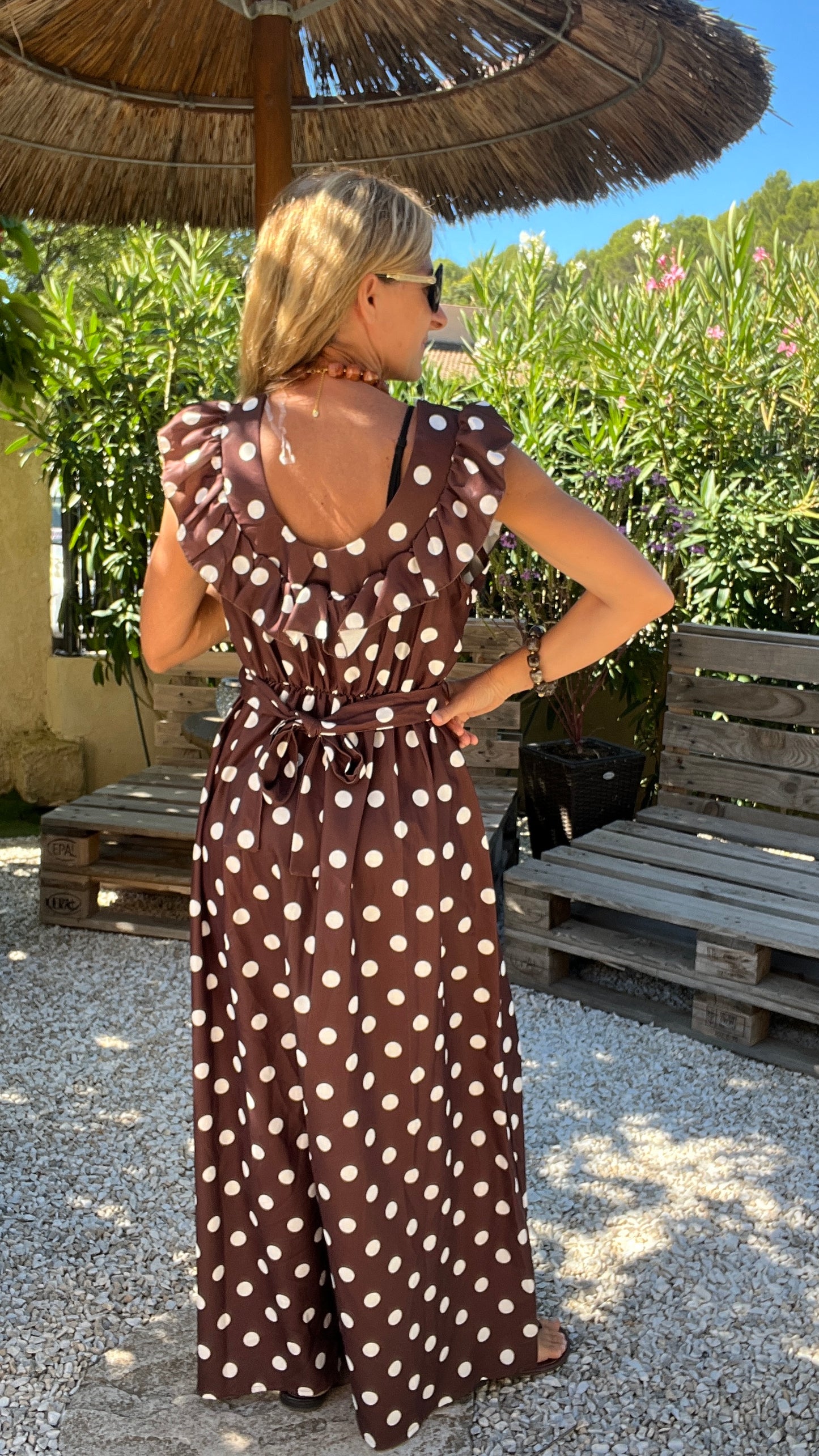 ROBE LONGUE CHOCOLAT A POIS BLANC