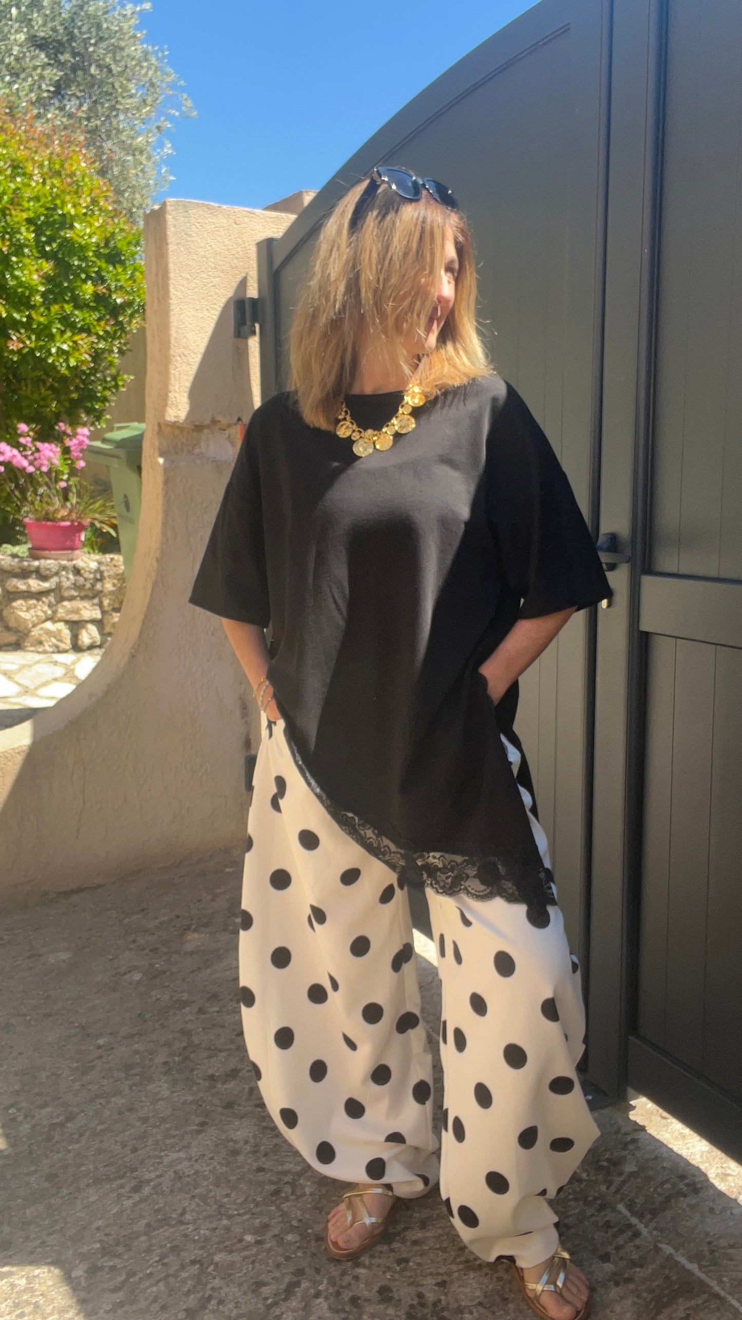 PANTALON BLANC A POIS NOIR "BALLOON"