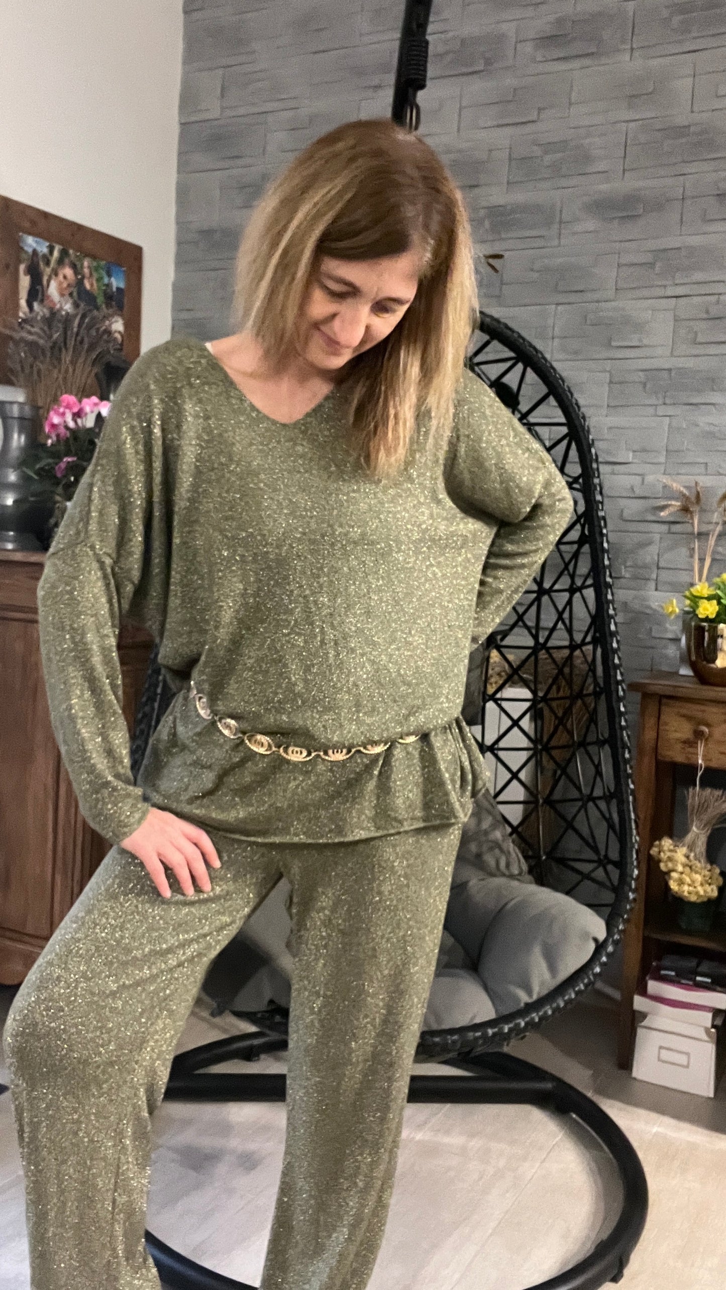 PANTALON FLUIDE PAILLETTES KAKI