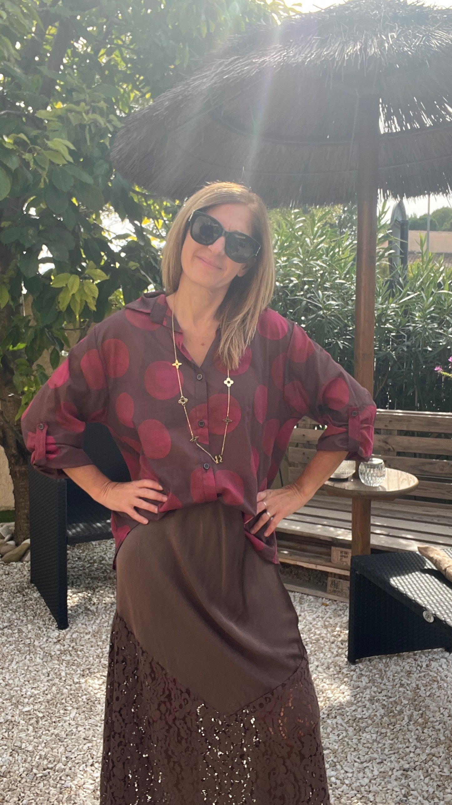 CHEMISIER  CHOCOLAT "A POIS BORDEAUX"