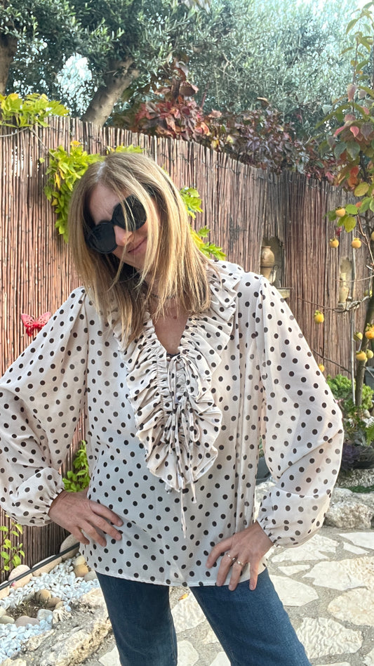 CHEMISIER A POIS BEIGE/CHOCOLAT "FROU-FROU"