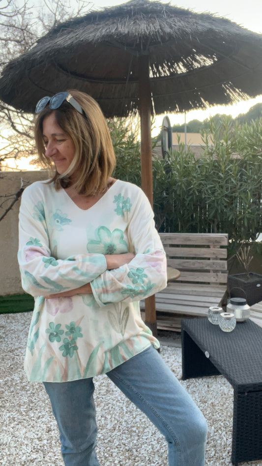 PULL TUNIQUE BLANC "FLEURI"