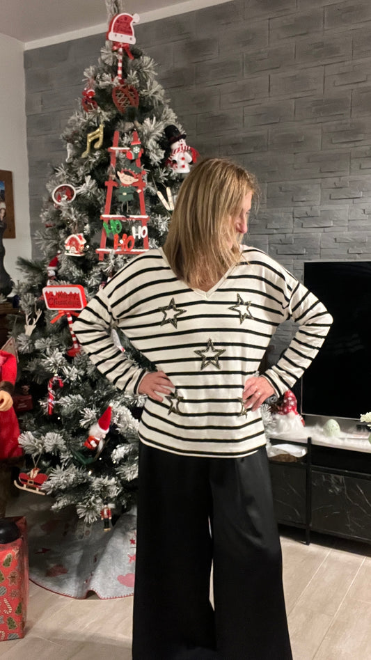 TEE-SHIRT MANCHES LONGUES NOIR/BLANC/DORE ETOILES