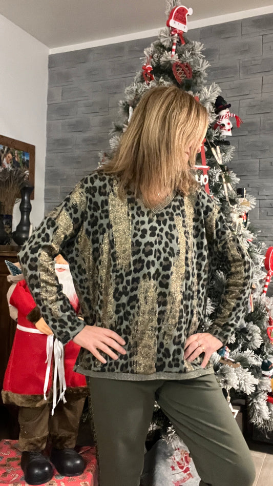 PULL TUNIQUE LEOPARD KAKI/NOIR/DORE