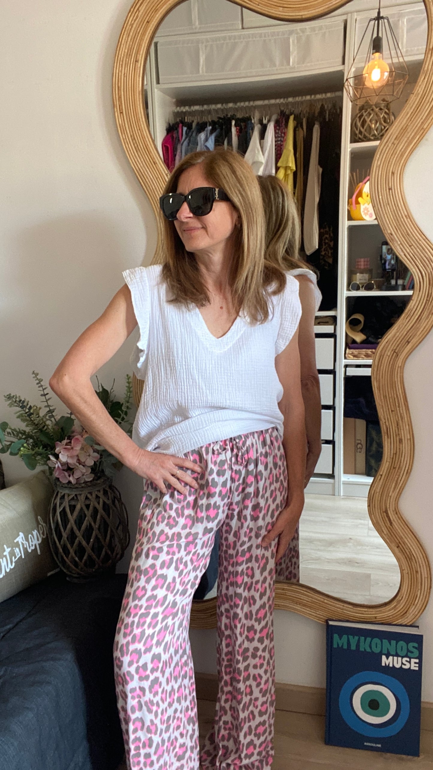 Pantalon fluide kaki/rose fluo "léopard"