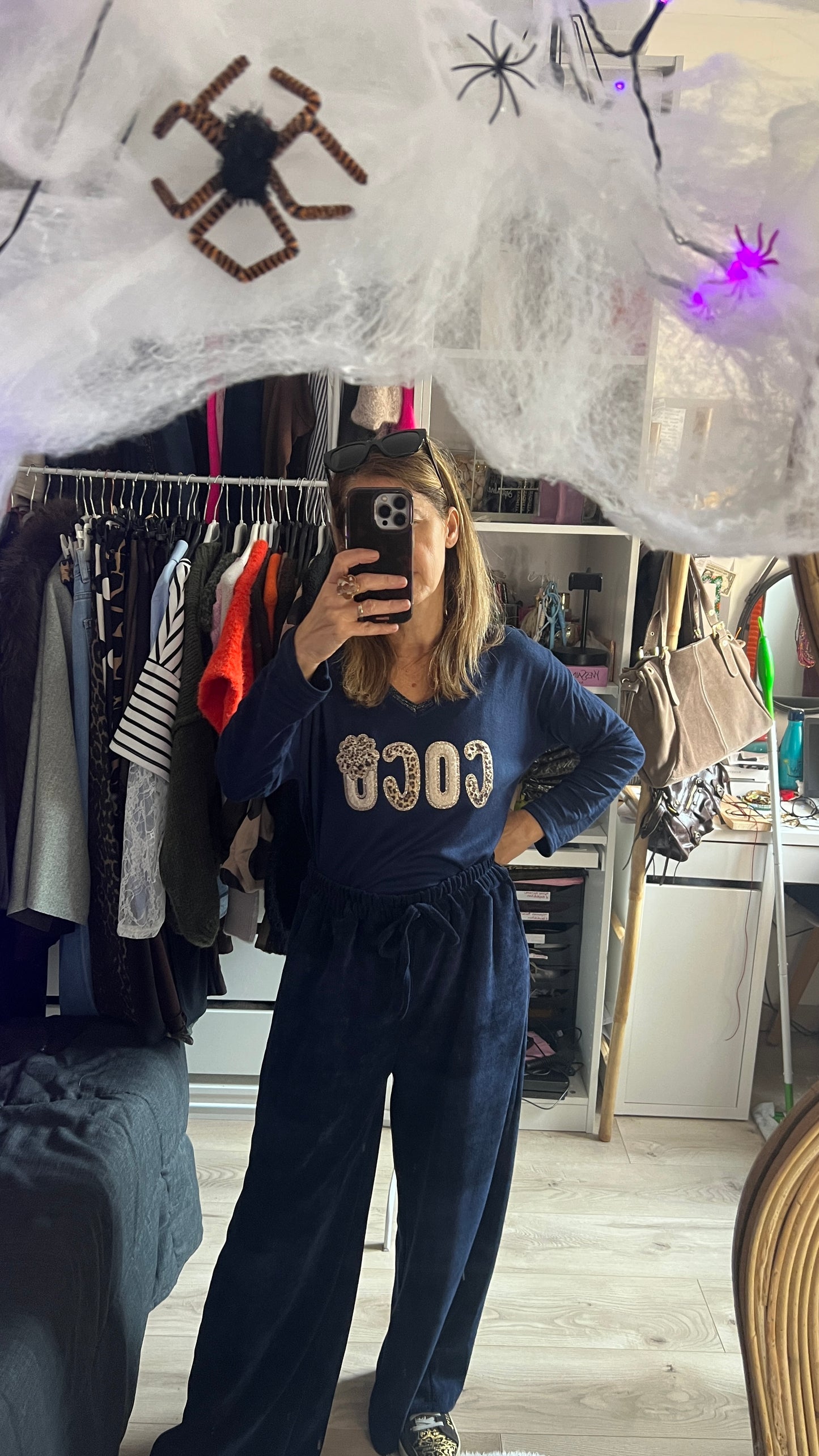 PANTALON FLUIDE VELOURS "BLEU MARINE"