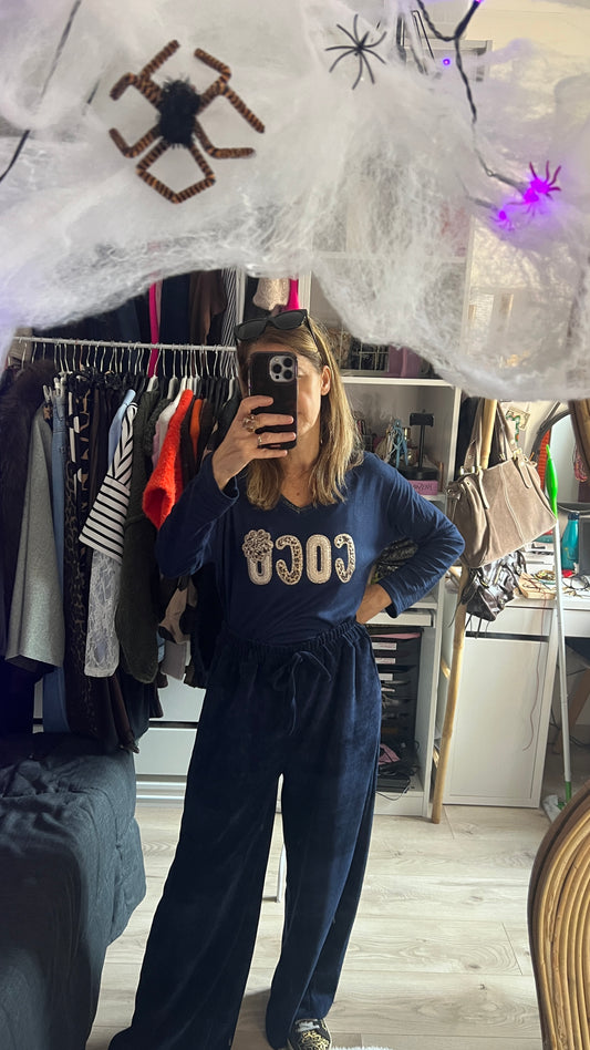 PANTALON FLUIDE VELOURS "BLEU MARINE"