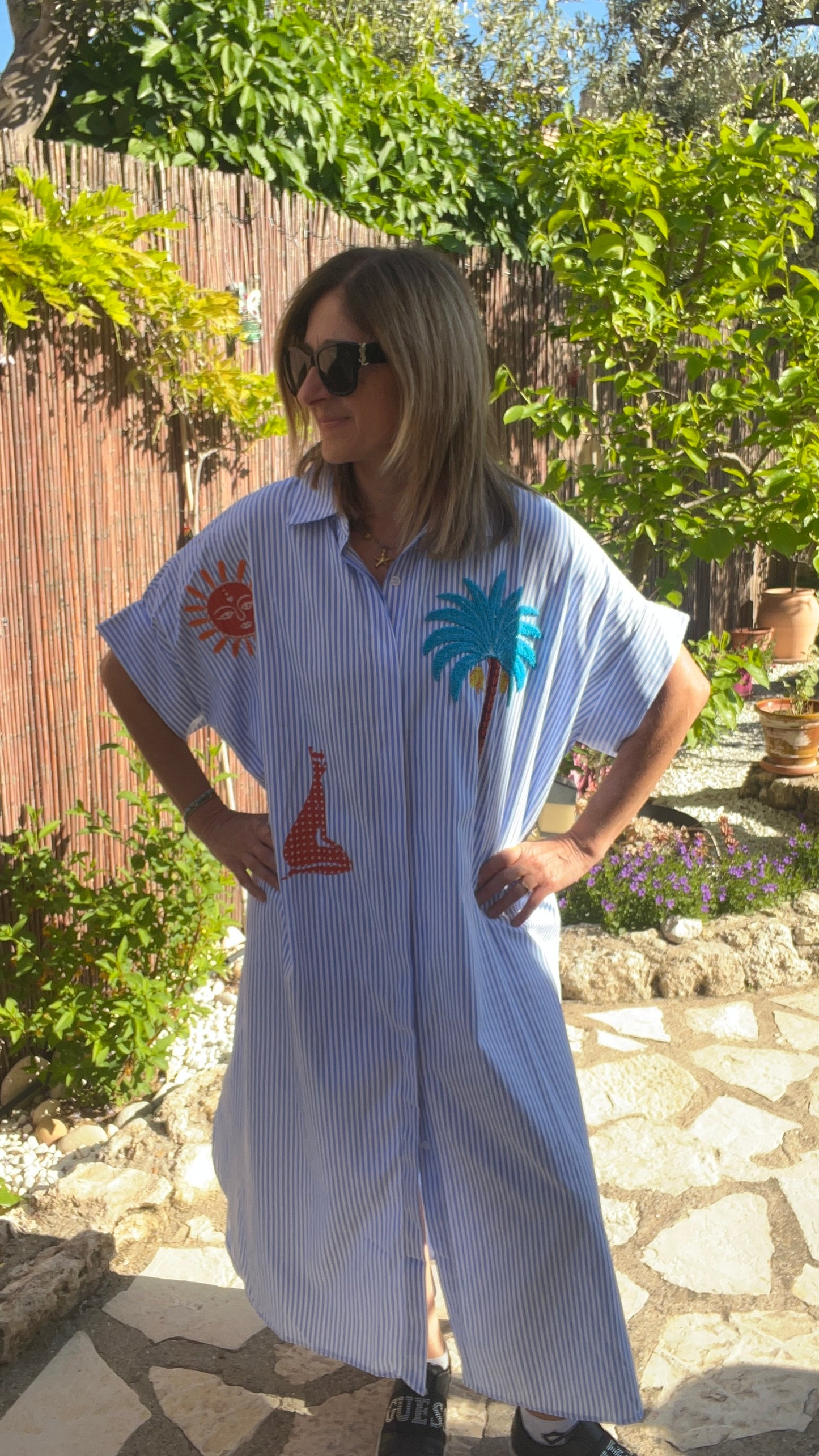 ROBE CHEMISE RAYE BLEU CLAIR/BLANC  "PALMIER"