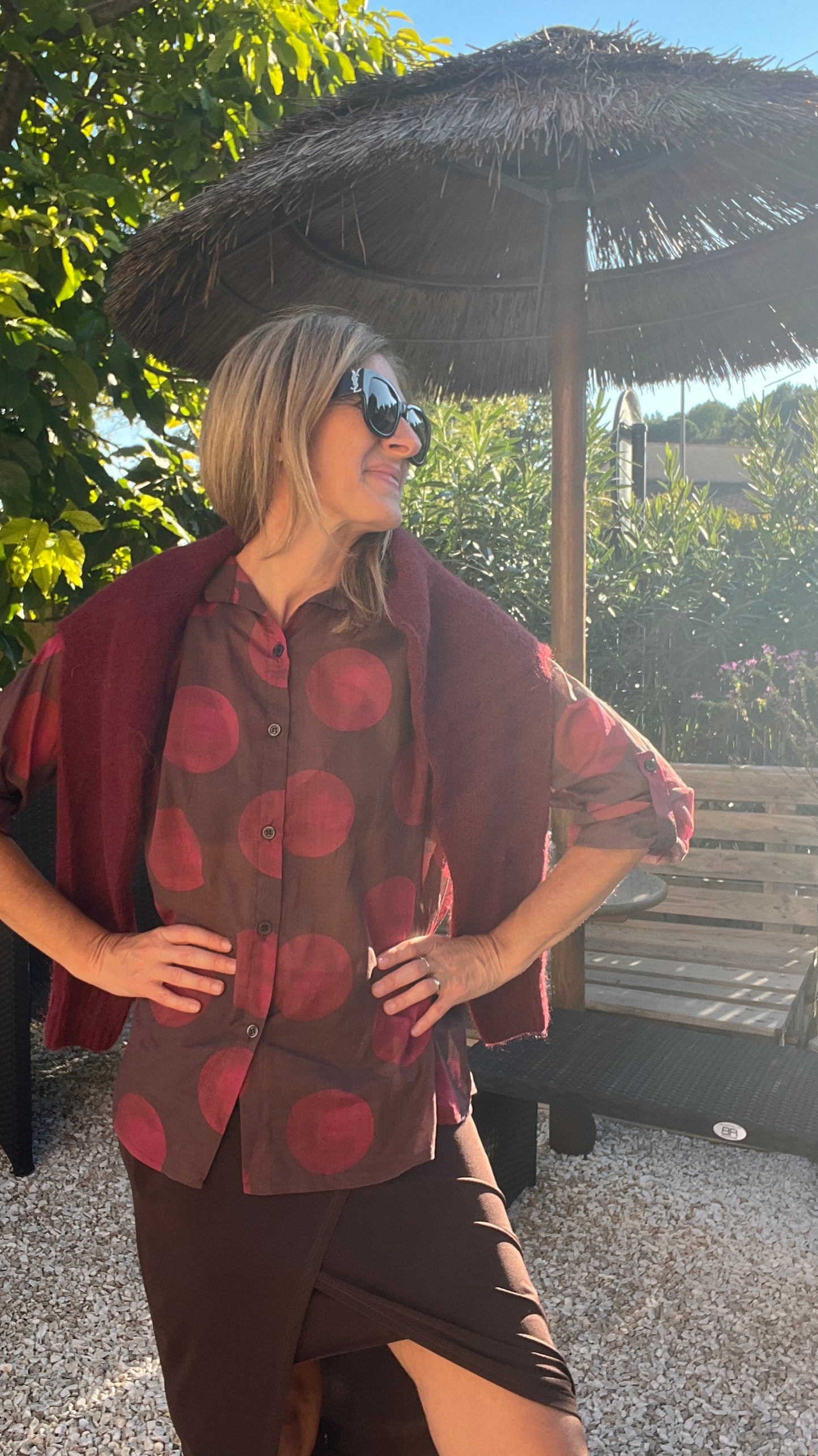 CHEMISIER  CHOCOLAT "A POIS BORDEAUX"