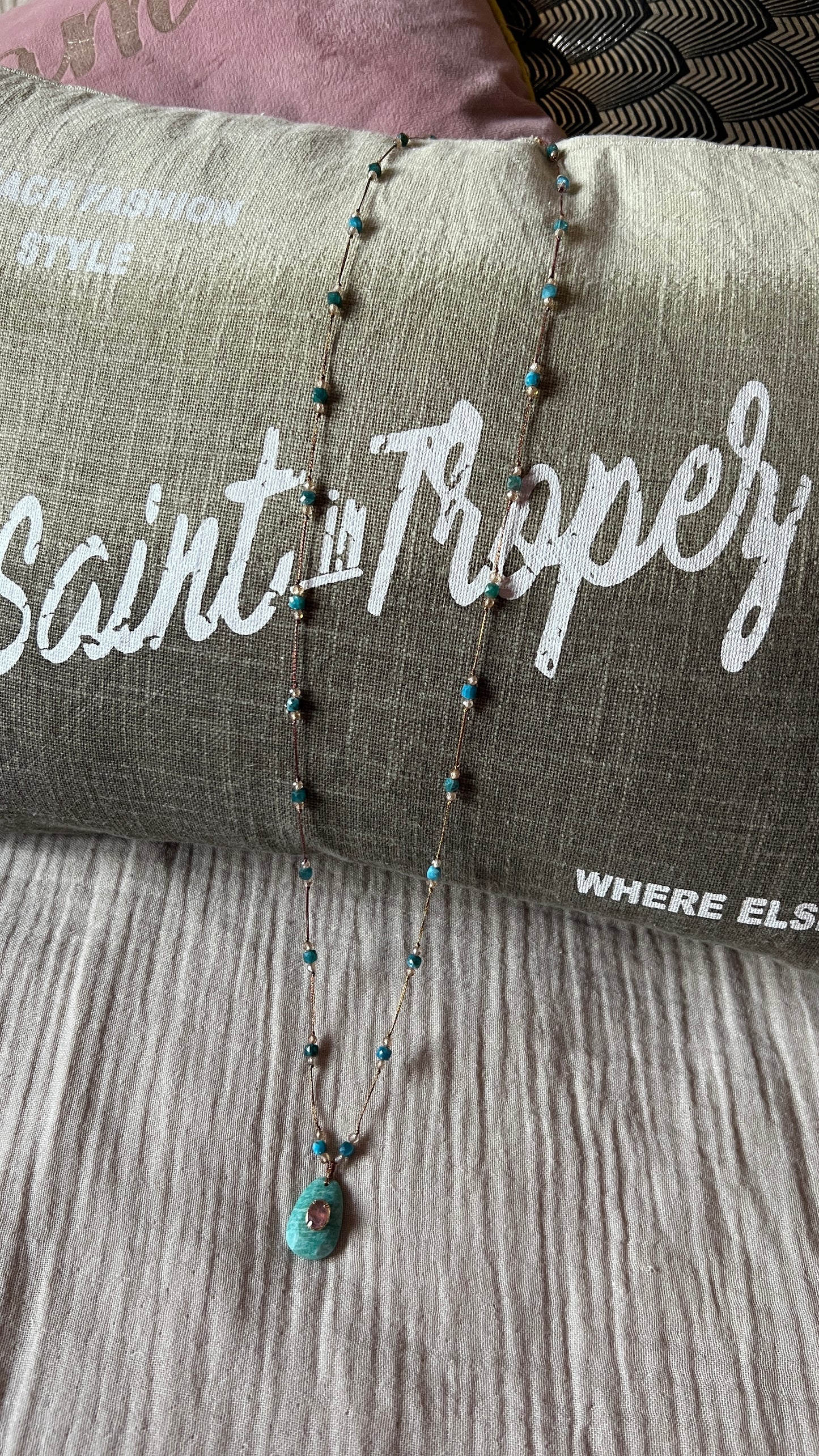 SAUTOIR BLEU TURQUOISE & PIERRE SEMI-PRECIEUSE BLEU "HABAHA"