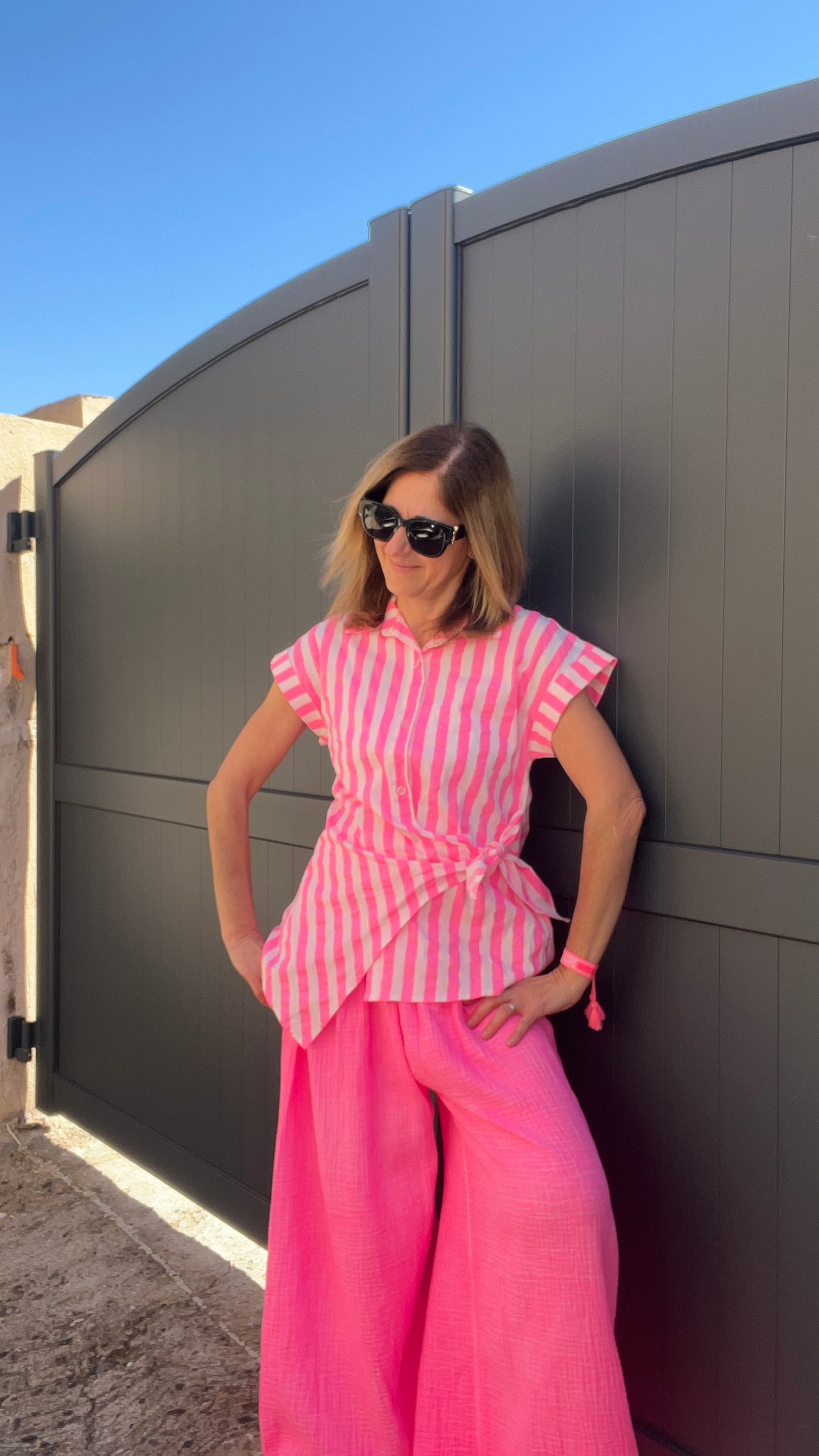 CHEMISIER RAYE ROSE FLUO/BLANC