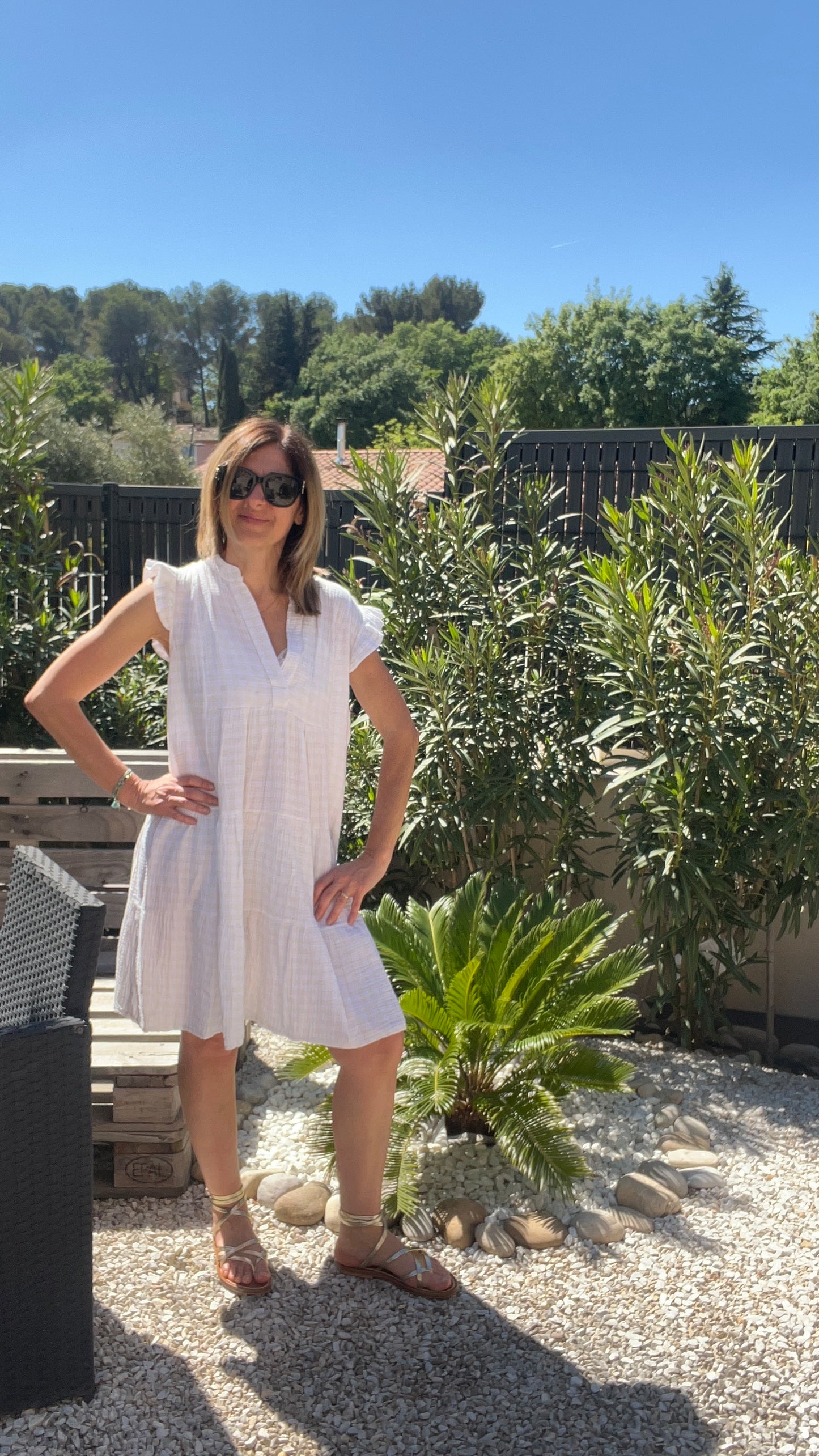 ROBE BLANC/BEIGE GAZE DE COTON