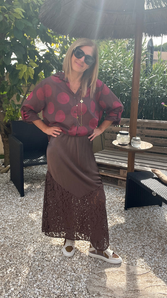 CHEMISIER  CHOCOLAT "A POIS BORDEAUX"