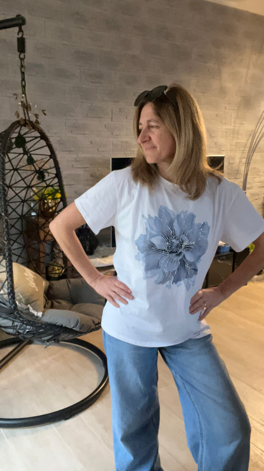 TEE-SHIRT BLANC/BLEU "ORCHIDEE"