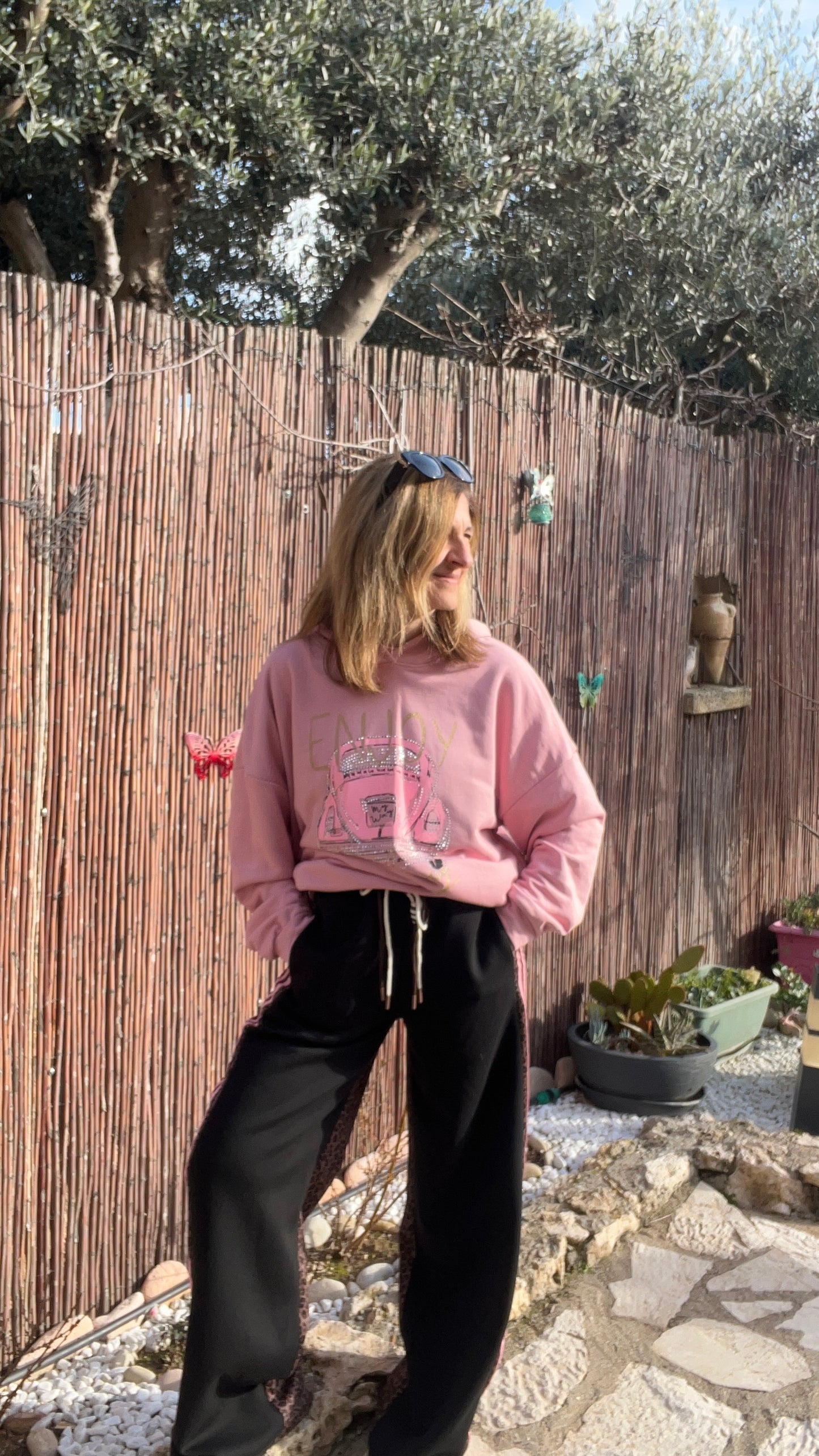 PANTALON STYLE JOGGING NOIR BANDE ROSE/LEOPARD