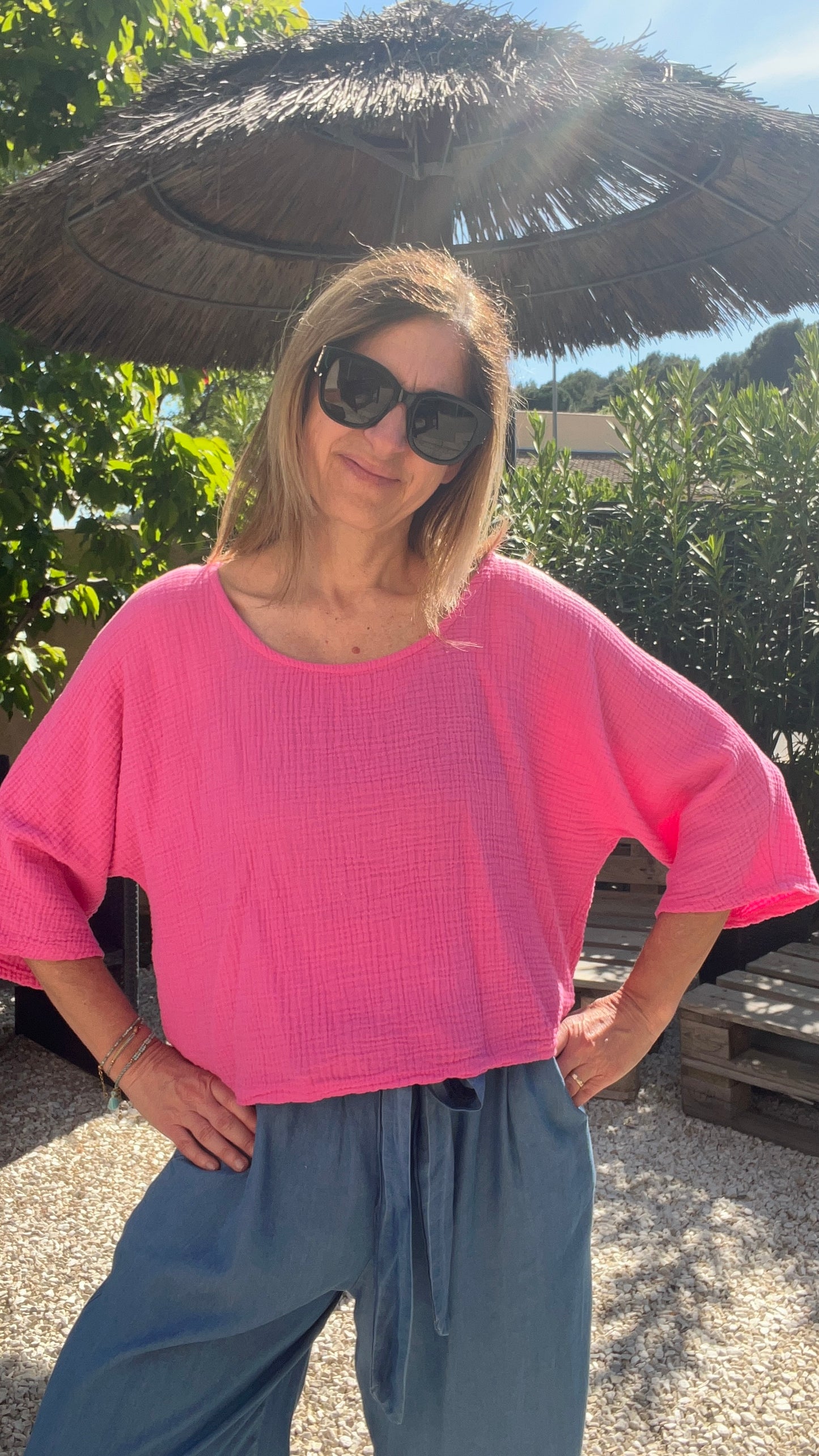 TEE SHIRT ROSE GAZE DE COTON