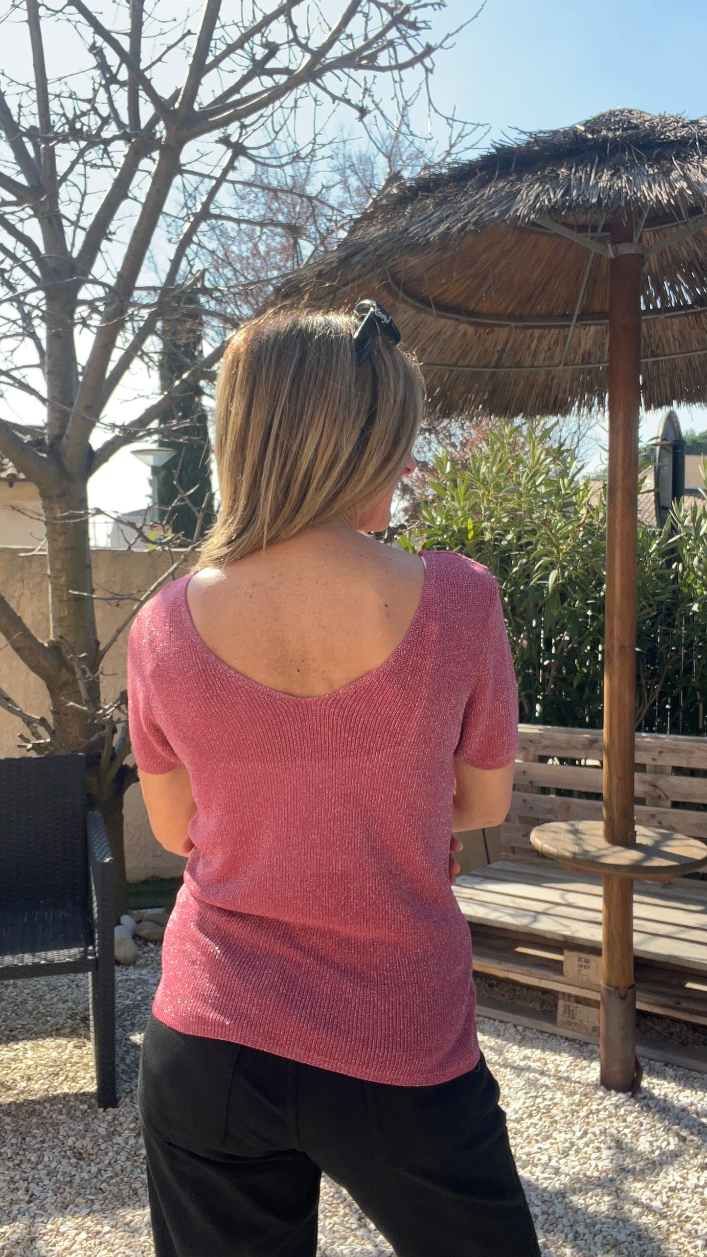 TOP MANCHES COURTES VIEUX ROSE PAILLETE