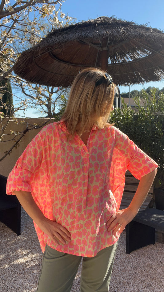 TUNIQUE JAUNE ROSE FLUO LEOPARD "PINK"