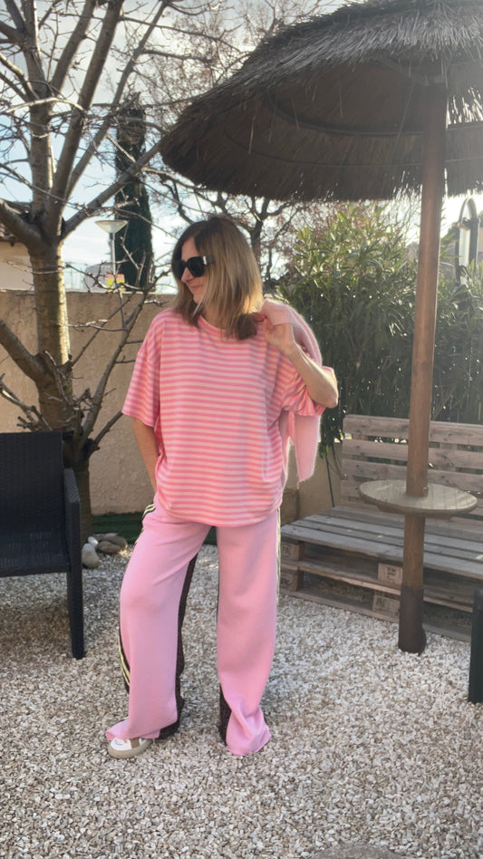 PANTALON STYLE JOGGING ROSE PALE BANDE JAUNE/LEOPARD